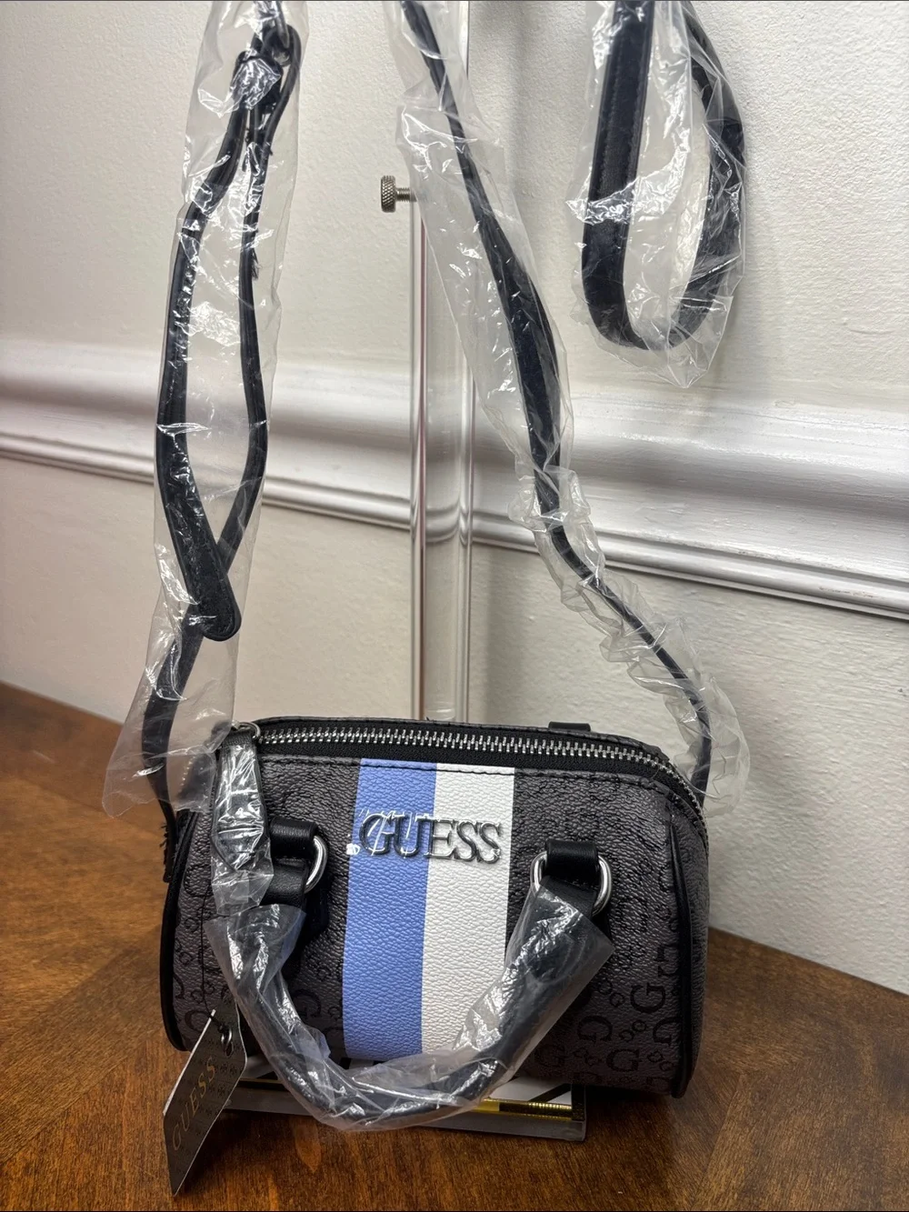 Guess Black Mini Satchel with Blue and White Center Stripe and crossbody strap - Picture 14 of 16